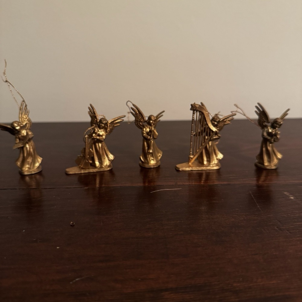 Vintage Gold Angel Orchestra Christmas Ornaments Set of 5 Made in Hong Kong MCM